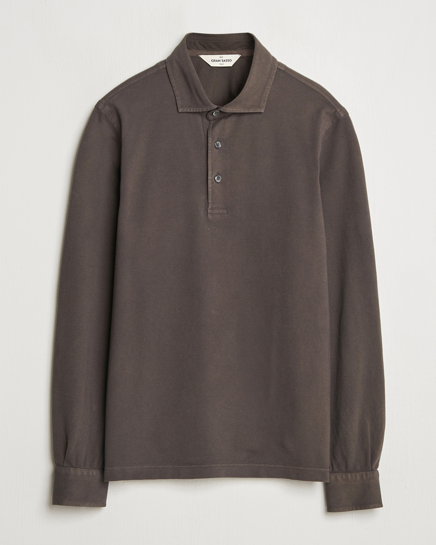 Hombres | Jerséis y prendas de punto | Gran Sasso | Washed Long Sleeve Polo Dark Brown