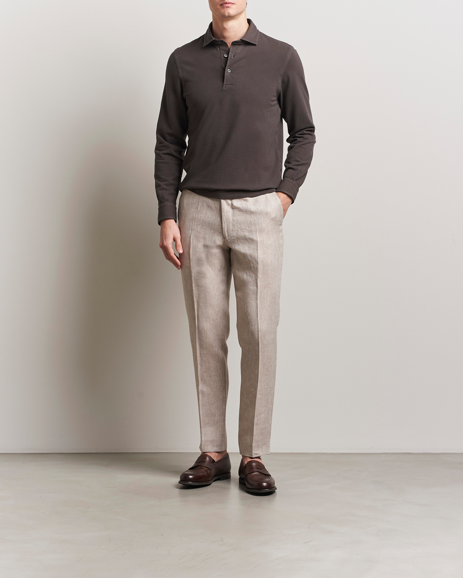 Hombres | Jerséis y prendas de punto | Gran Sasso | Washed Long Sleeve Polo Dark Brown