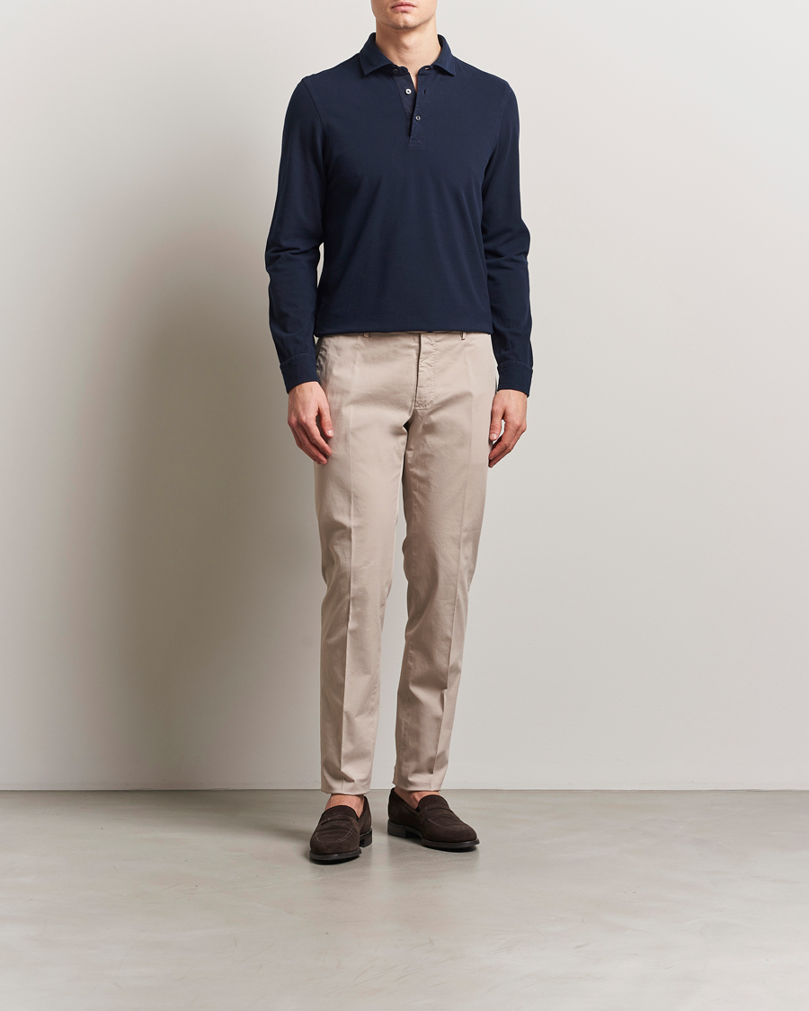 Hombres | Polos | Gran Sasso | Washed Long Sleeve Polo Navy
