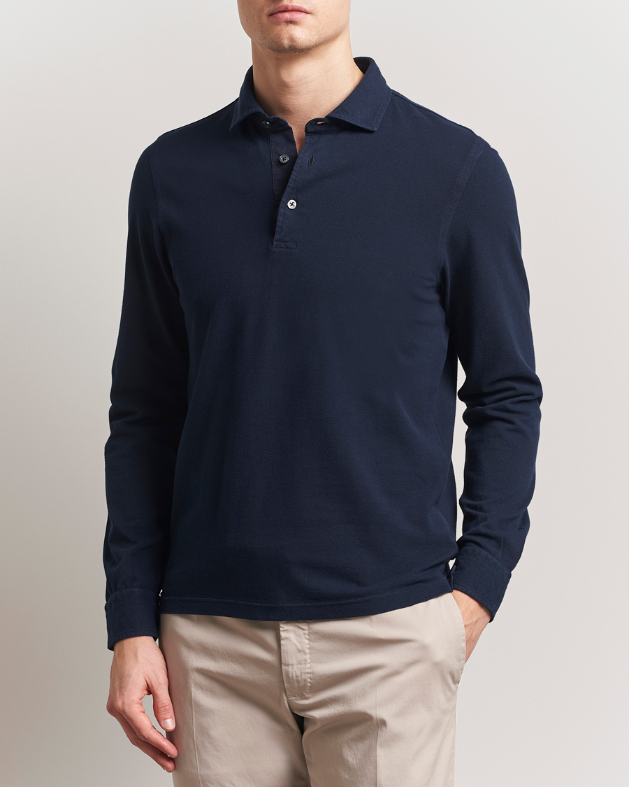 Hombres | Polos | Gran Sasso | Washed Long Sleeve Polo Navy