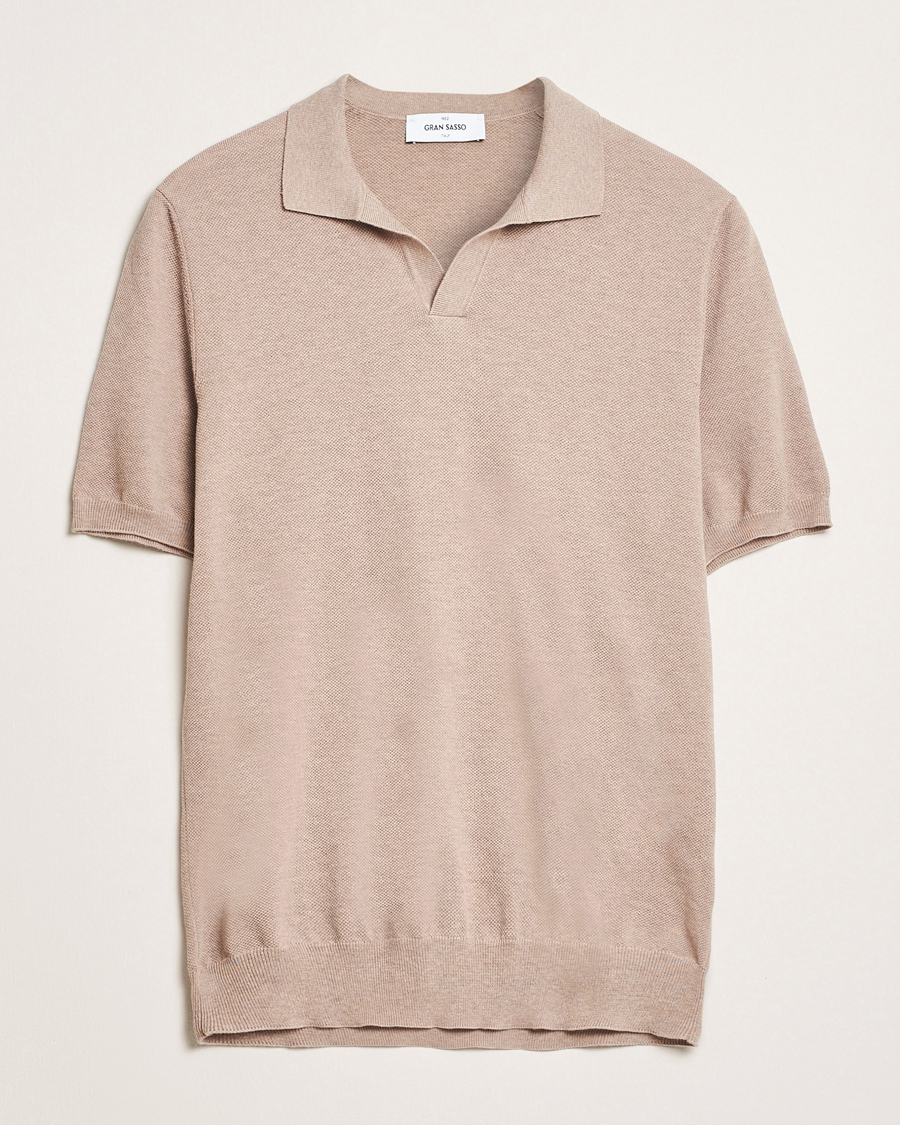 Hombres | Polos | Gran Sasso | Cotton Structured Knitted Open Collar Polo Beige