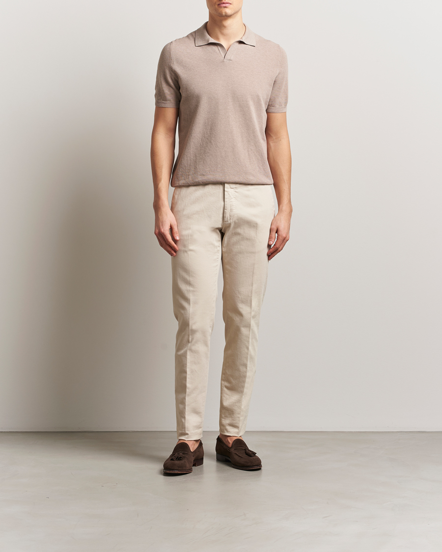 Hombres | Polos | Gran Sasso | Cotton Structured Knitted Open Collar Polo Beige