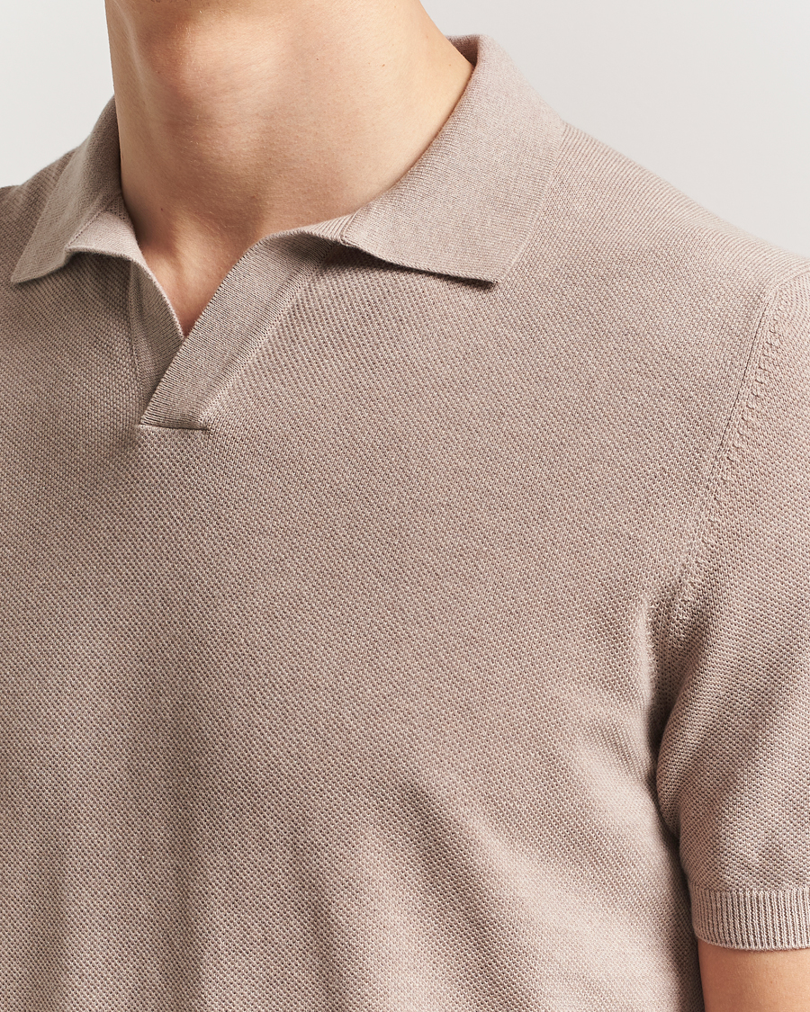 Hombres | Polos | Gran Sasso | Cotton Structured Knitted Open Collar Polo Beige