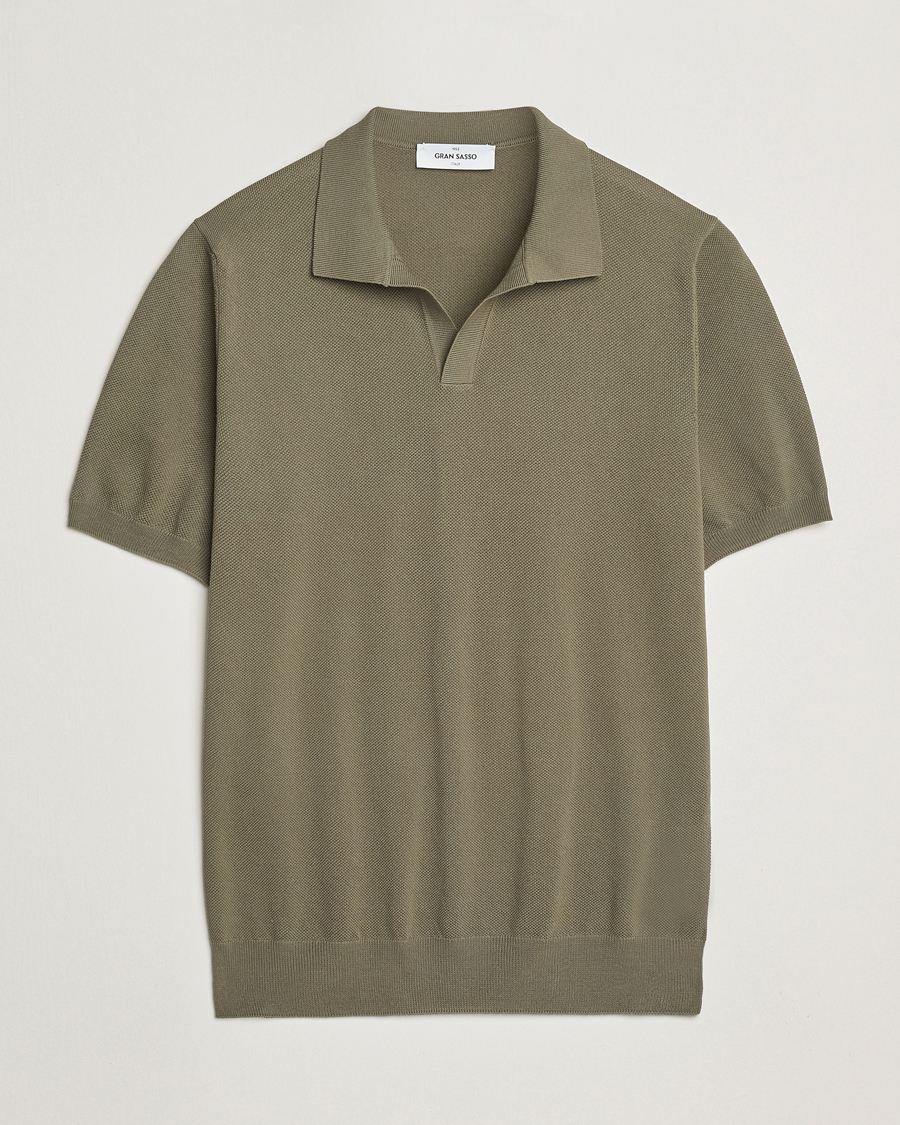 Hombres | Polos | Gran Sasso | Cotton Structured Knitted Open Collar Polo Olive
