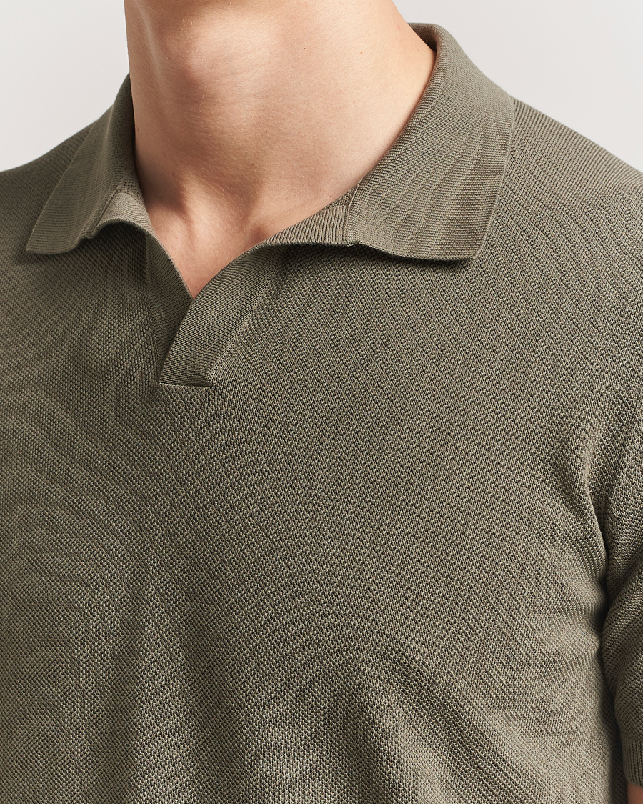 Hombres | Polos | Gran Sasso | Cotton Structured Knitted Open Collar Polo Olive