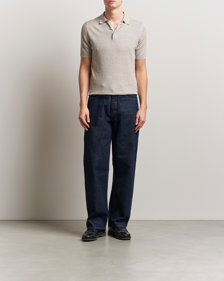 Hombres | Polos | Gran Sasso | Linen/Cotton Structured Knitted Polo Beige Melange