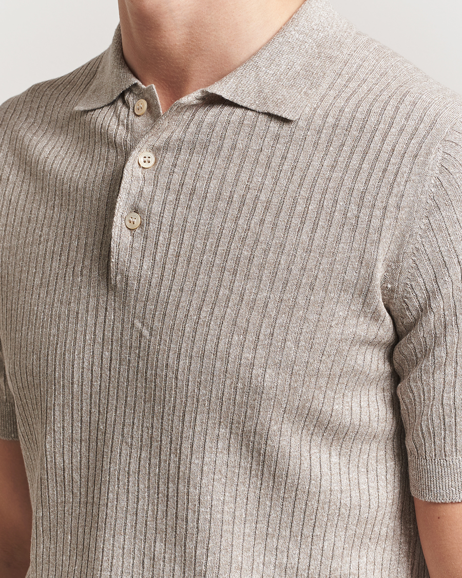 Hombres | Polos | Gran Sasso | Linen/Cotton Structured Knitted Polo Beige Melange