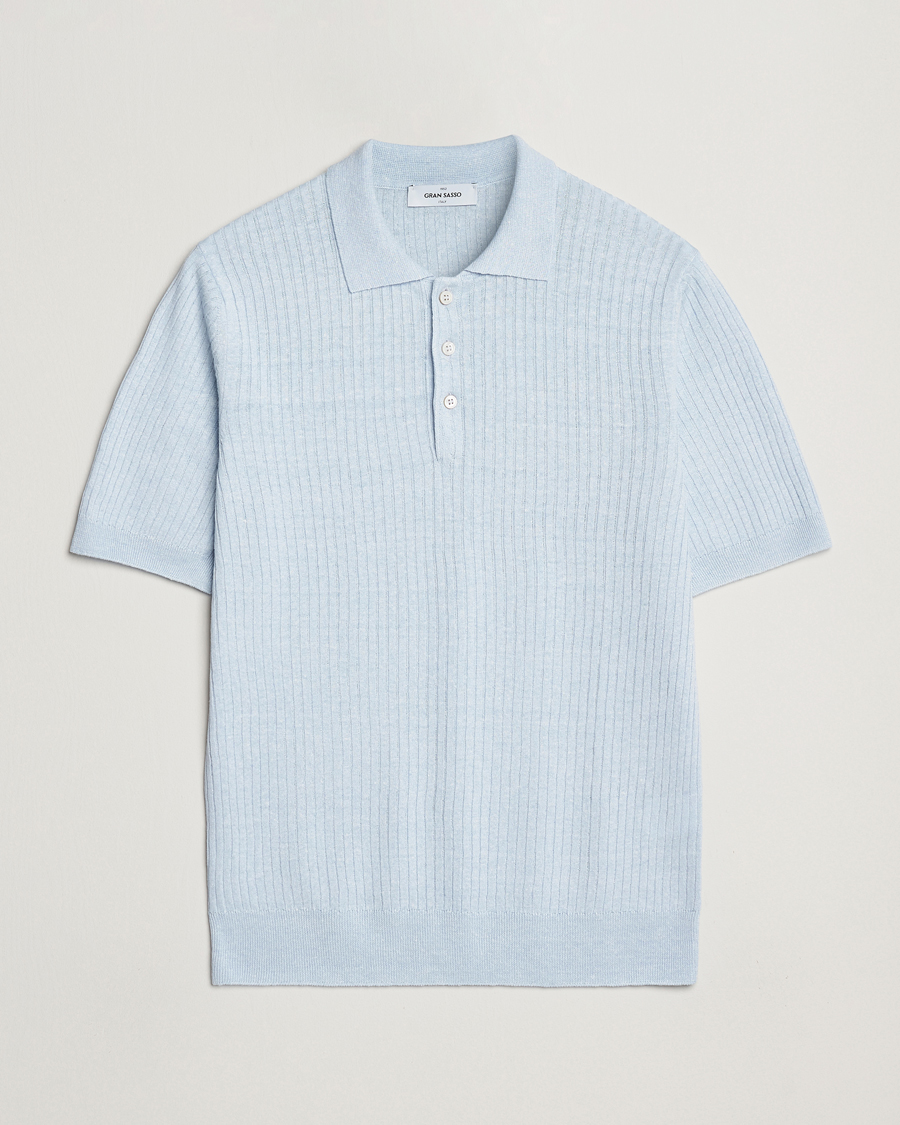 Hombres | Polos | Gran Sasso | Linen/Cotton Structured Knitted Polo Blue Melange
