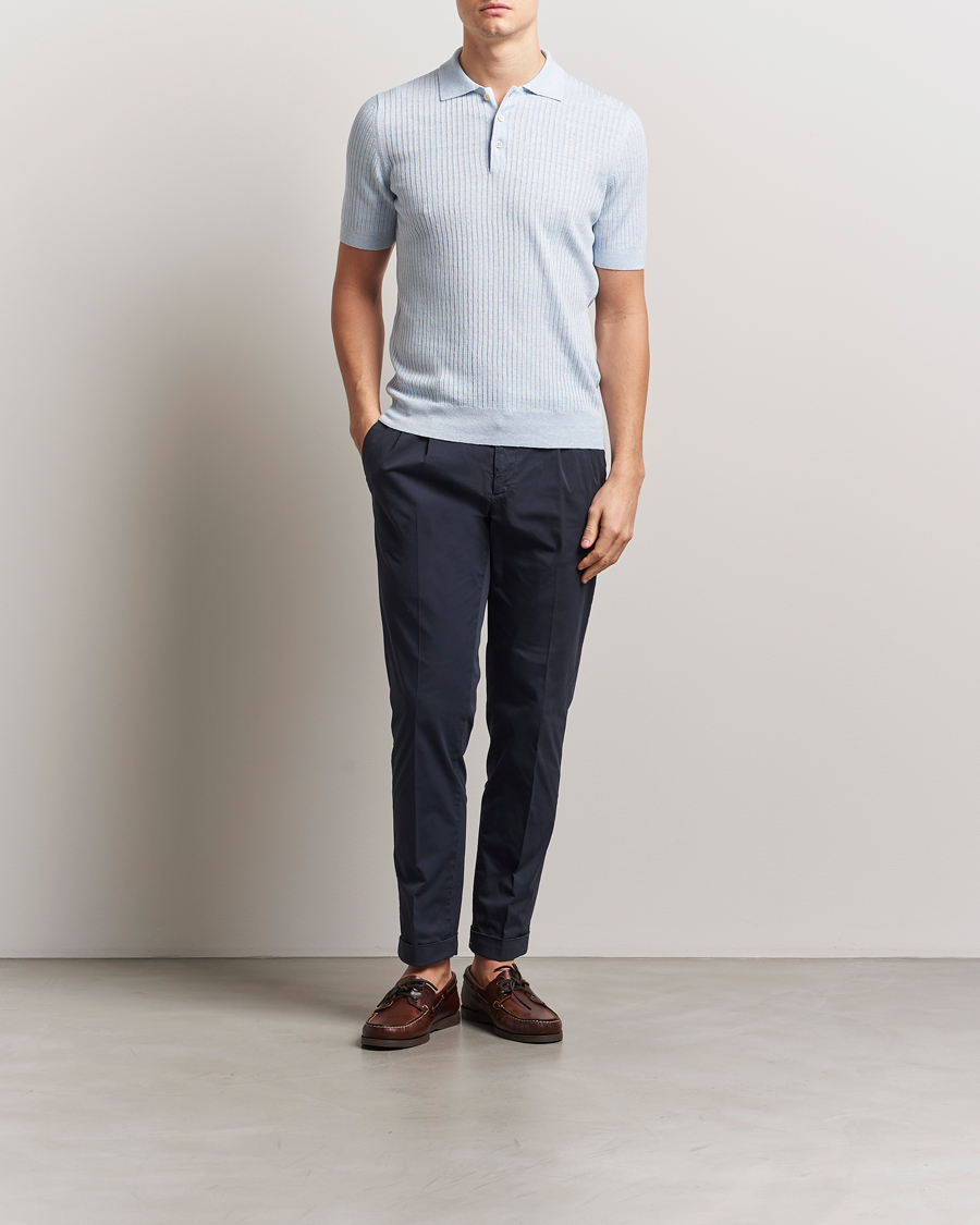 Hombres | Polos | Gran Sasso | Linen/Cotton Structured Knitted Polo Blue Melange