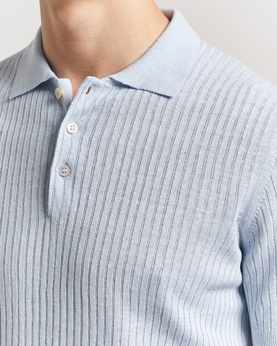 Hombres | Polos | Gran Sasso | Linen/Cotton Structured Knitted Polo Blue Melange