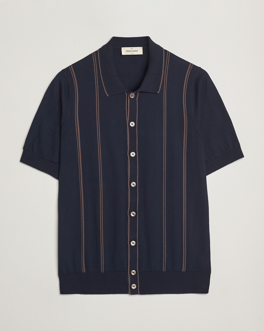 Hombres | Camisas | Gran Sasso | Cotton Knitted Striped Short Sleeve Shirt Navy