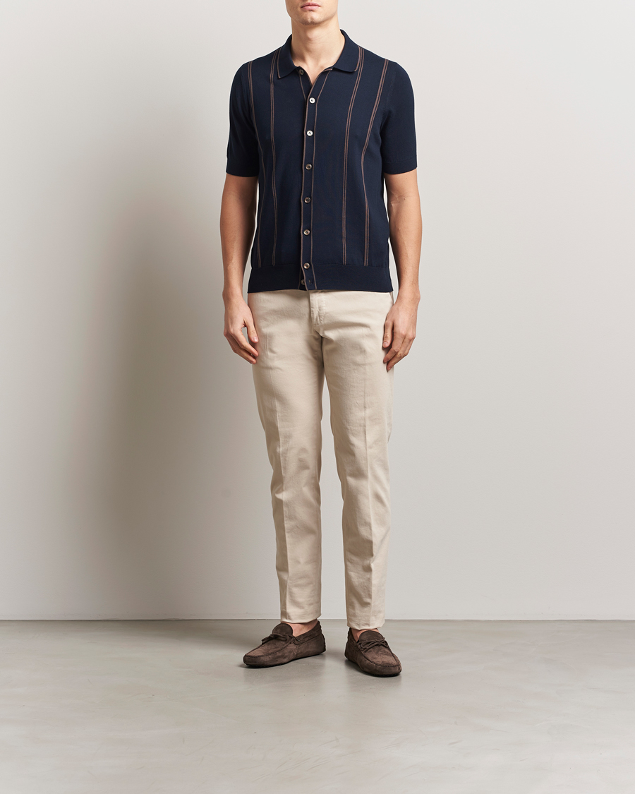 Hombres | Camisas | Gran Sasso | Cotton Knitted Striped Short Sleeve Shirt Navy