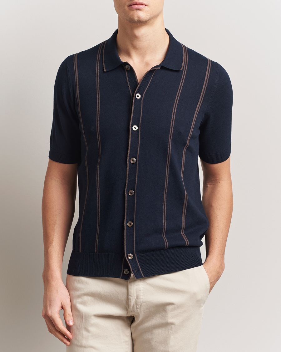 Hombres | Camisas | Gran Sasso | Cotton Knitted Striped Short Sleeve Shirt Navy