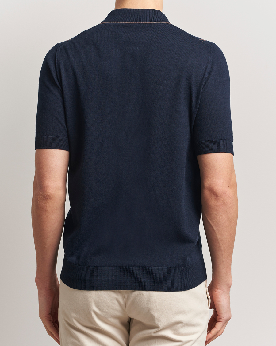 Hombres | Camisas | Gran Sasso | Cotton Knitted Striped Short Sleeve Shirt Navy
