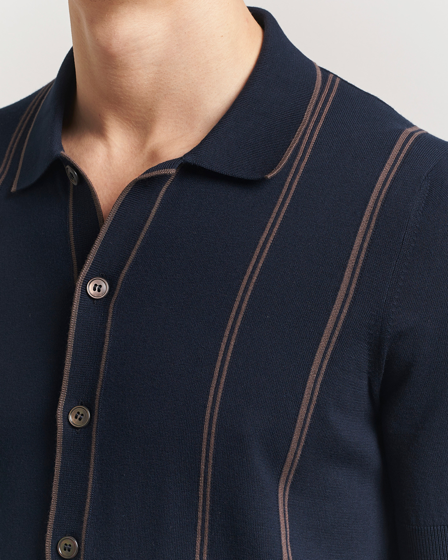Hombres | Camisas | Gran Sasso | Cotton Knitted Striped Short Sleeve Shirt Navy