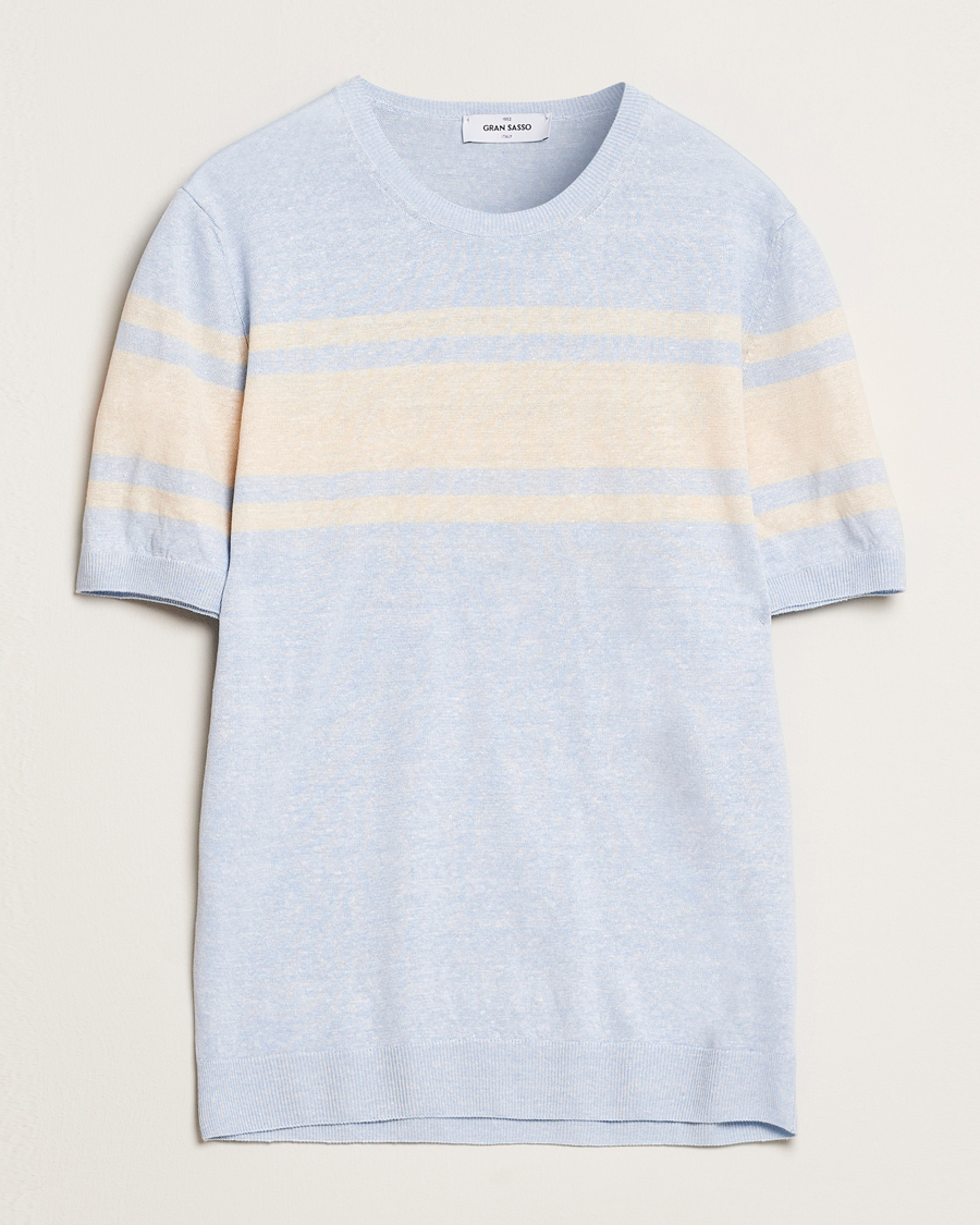 Hombres | Camisetas | Gran Sasso | Linen/Cotton Striped Crew Neck T-Shirt Light Blue