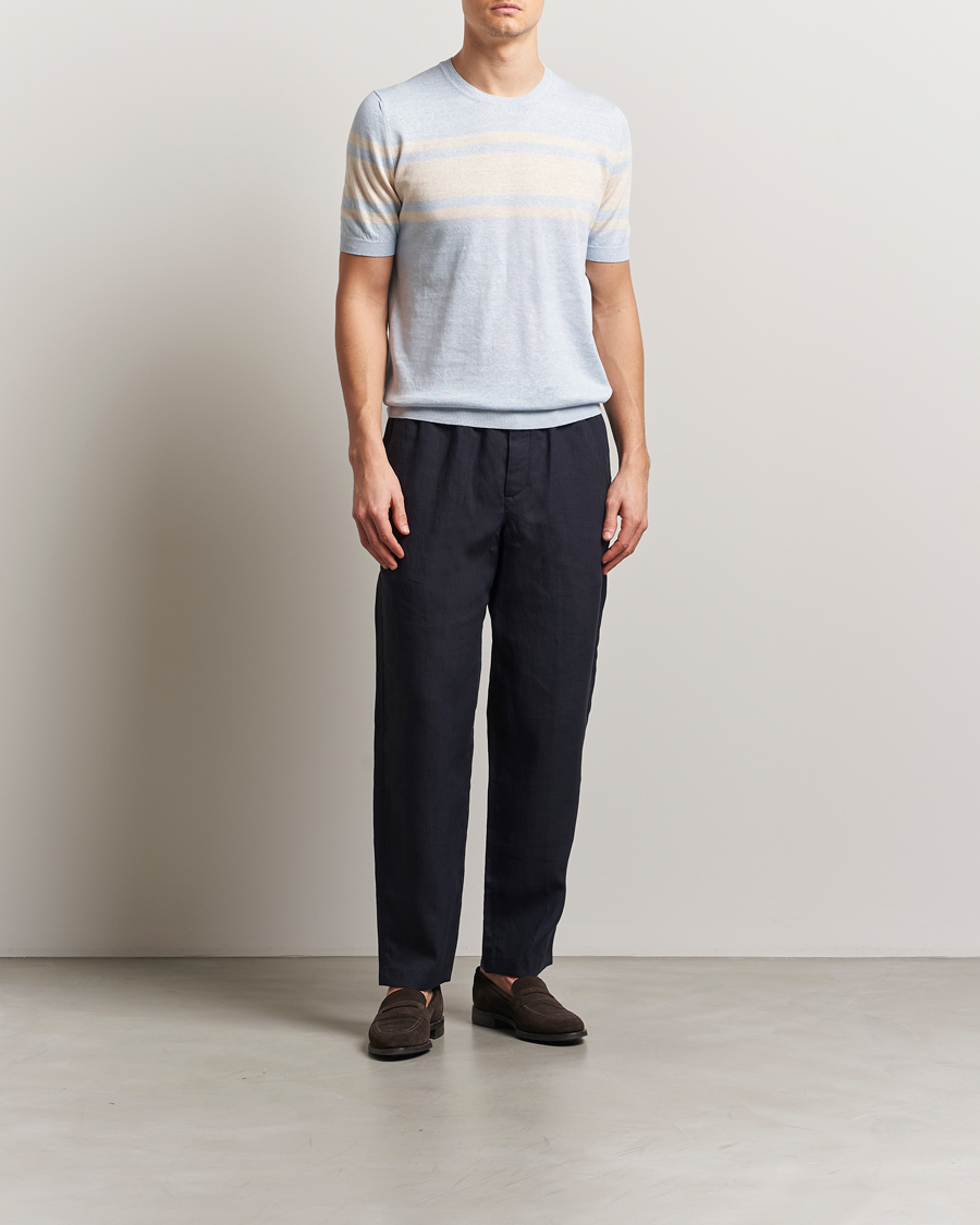 Hombres | Camisetas | Gran Sasso | Linen/Cotton Striped Crew Neck T-Shirt Light Blue