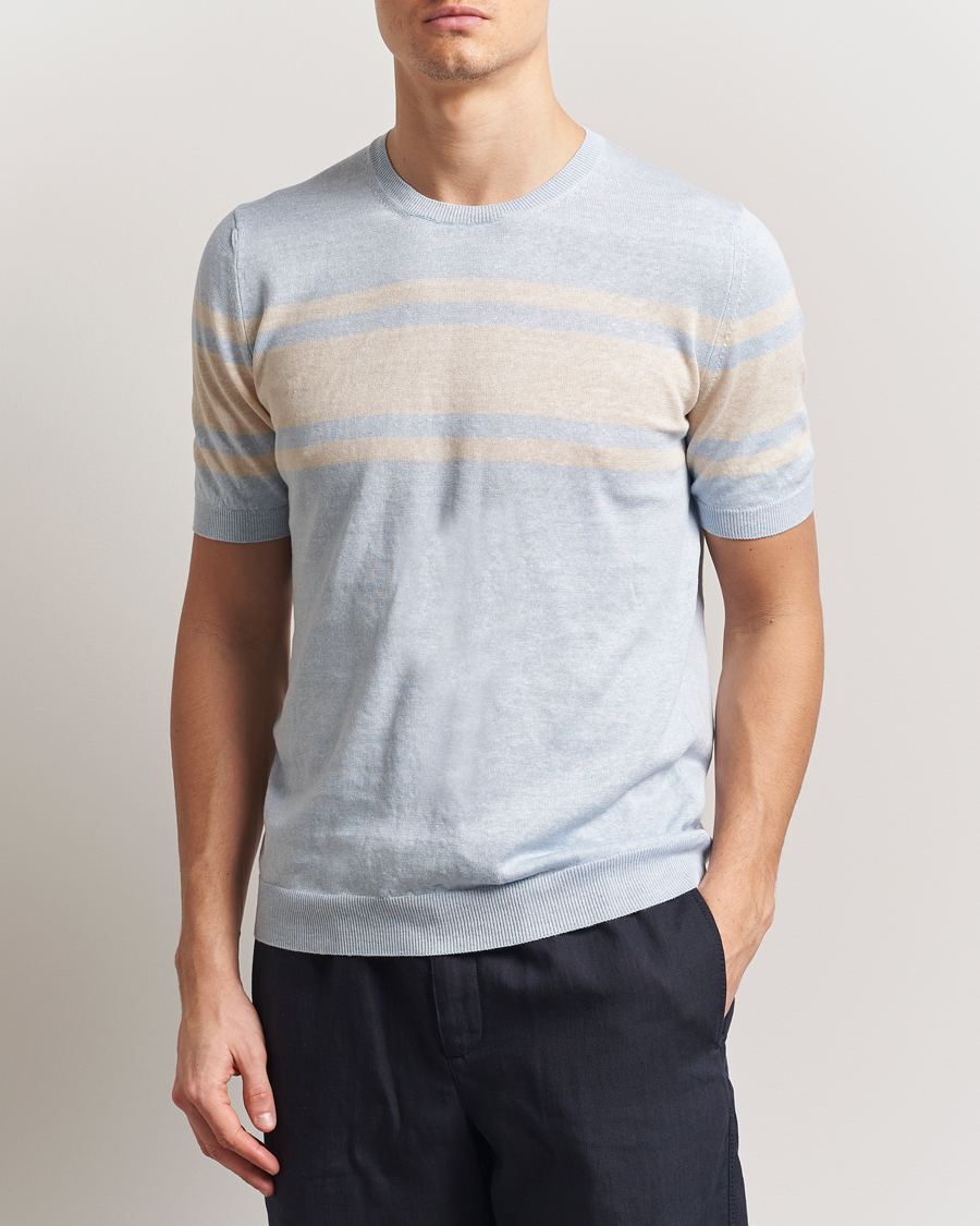Hombres | Camisetas | Gran Sasso | Linen/Cotton Striped Crew Neck T-Shirt Light Blue