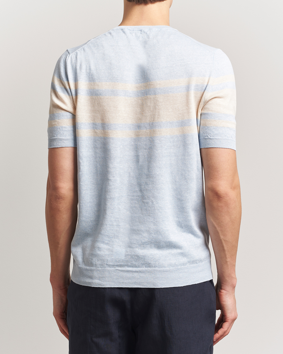 Hombres | Camisetas | Gran Sasso | Linen/Cotton Striped Crew Neck T-Shirt Light Blue