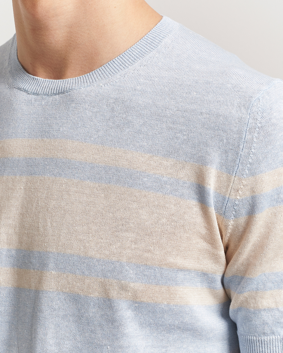 Hombres | Camisetas | Gran Sasso | Linen/Cotton Striped Crew Neck T-Shirt Light Blue