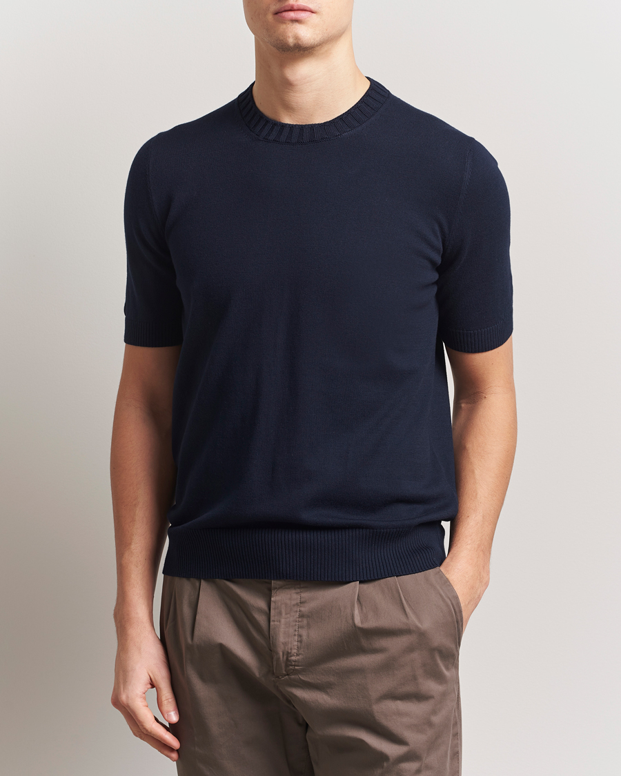 Hombres | Camisetas | Gran Sasso | Cotton Heavy Knitted Crew Neck T-Shirt Navy