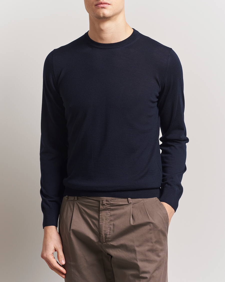 Hombres | Jerséis y prendas de punto | Piacenza Cashmere | Merino Wool Crew Neck Sweater Navy