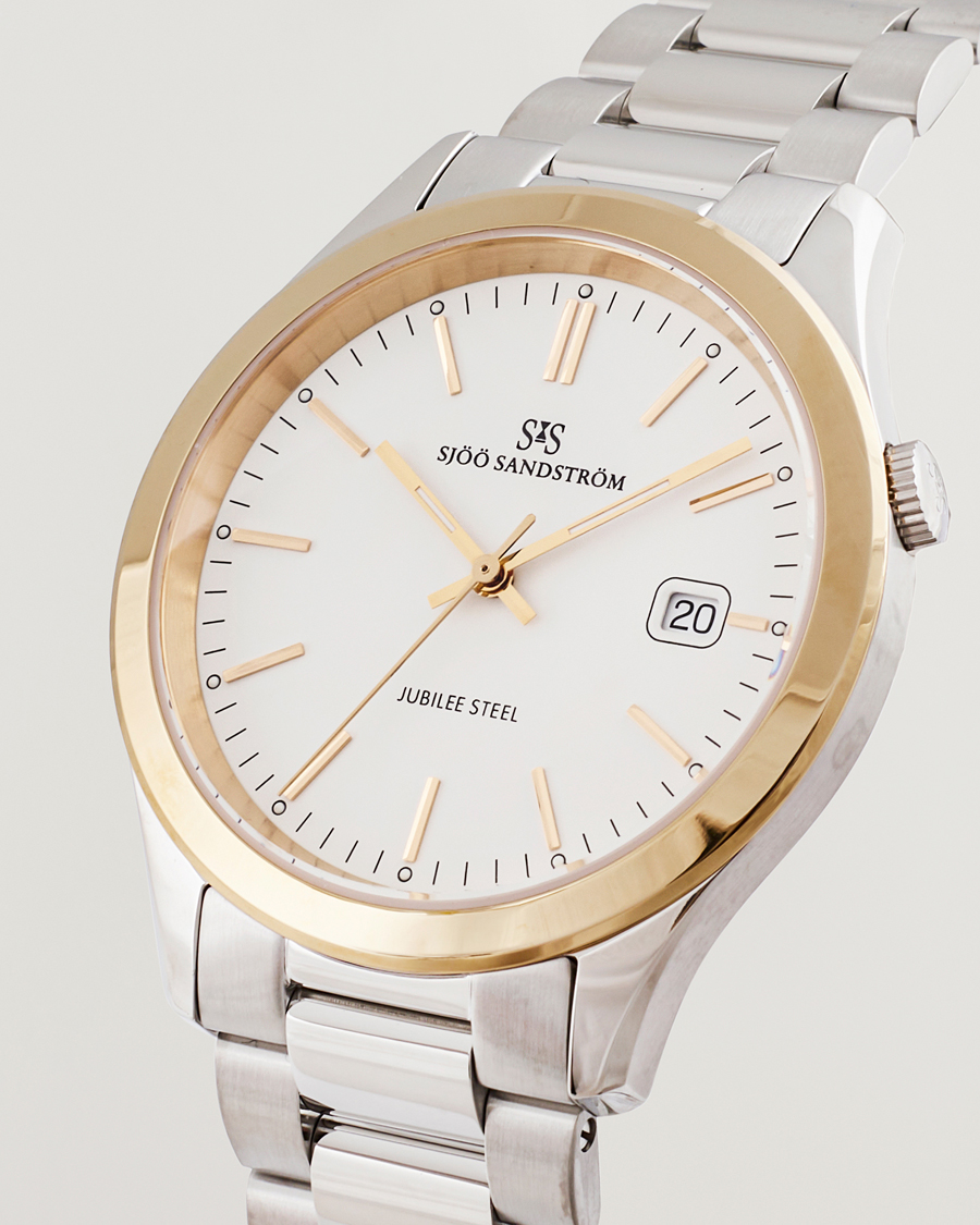 Hombres | Sjöö Sandström Jubilee Steel Quartz 40mm Gold Bezel White/Steel | Sjöö Sandström | Jubilee Steel Quartz 40mm Gold Bezel White/Steel