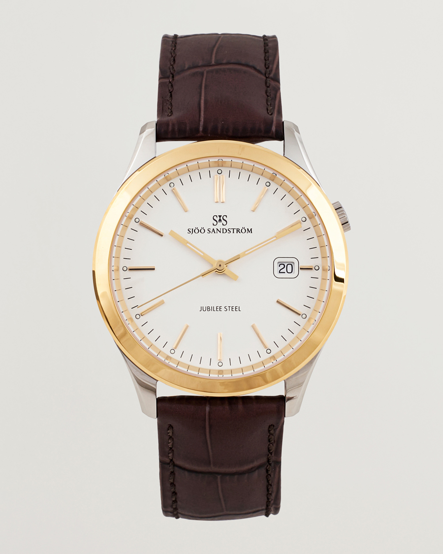 Hombres | Sjöö Sandström Jubilee Steel Quartz 40mm Gold Bezel White/Brown Calf | Sjöö Sandström | Jubilee Steel Quartz 40mm Gold Bezel White/Brown Calf