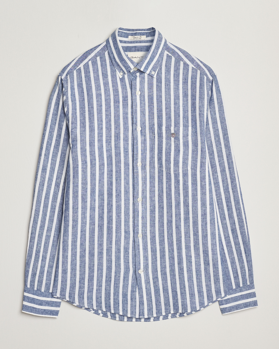 Hombres | Camisas | GANT | Regular Fit Cotton/Linen Striped Shirt Rich Blue