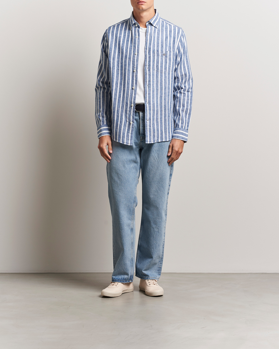 Hombres | Camisas | GANT | Regular Fit Cotton/Linen Striped Shirt Rich Blue