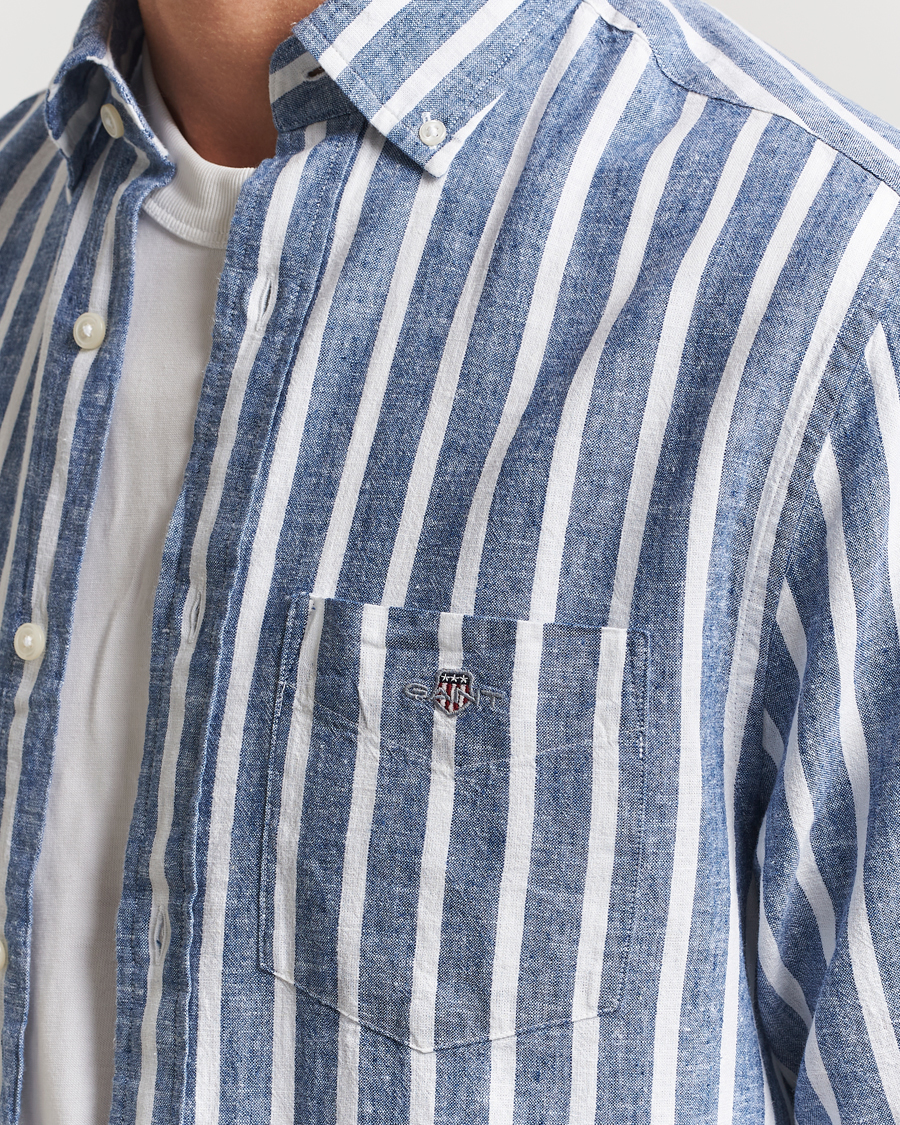 Hombres | Camisas | GANT | Regular Fit Cotton/Linen Striped Shirt Rich Blue