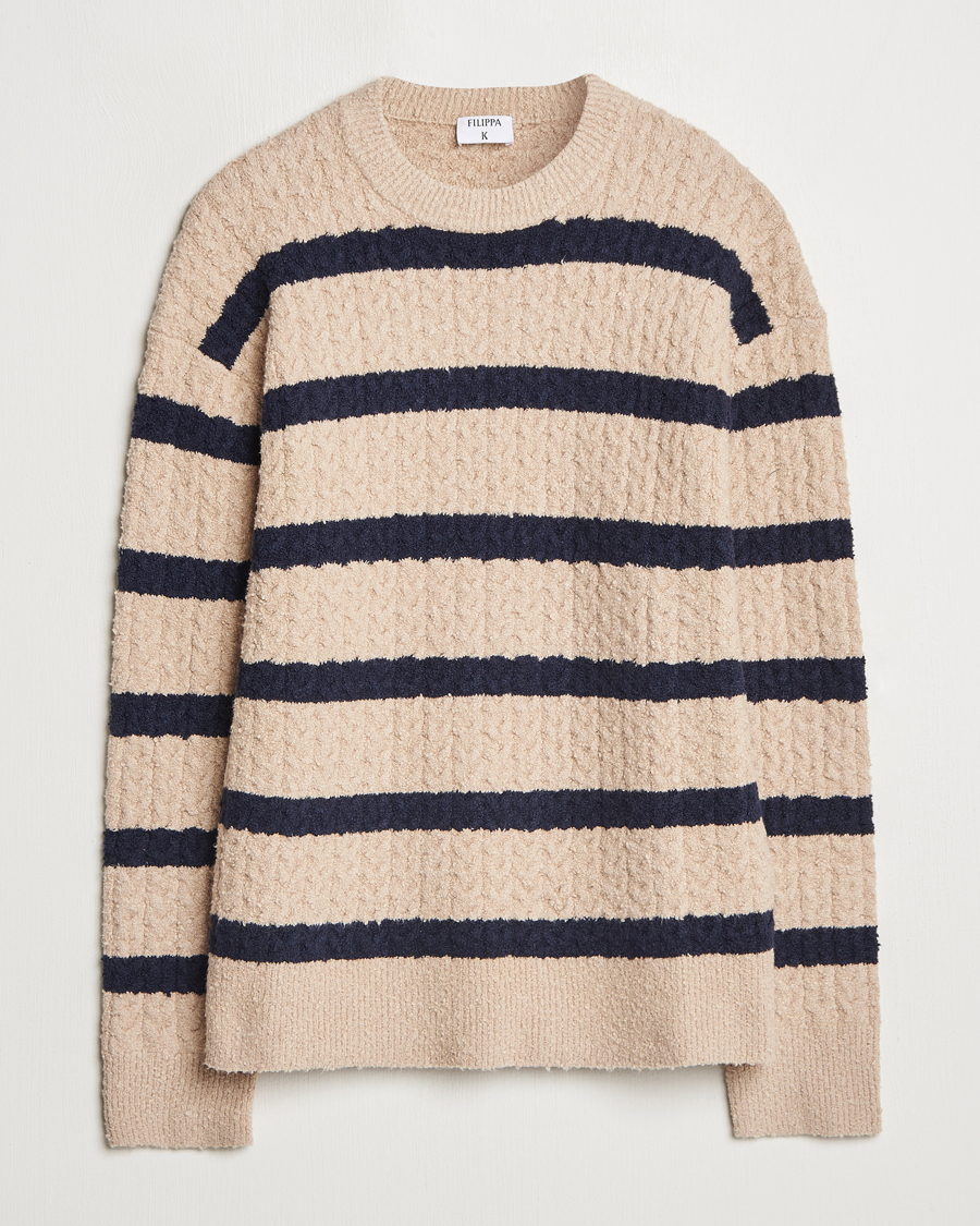 Hombres | Jerséis y prendas de punto | Filippa K | Bouclé Knitted Striped Sweater Light Khaki/Navy
