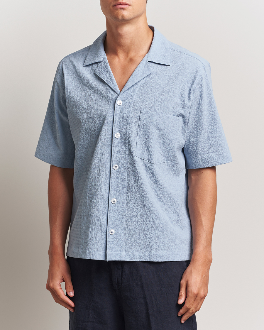 Hombres | Camisas | Oscar Jacobson | Reg Fit Cuba Seersucker Shirt Light Blue