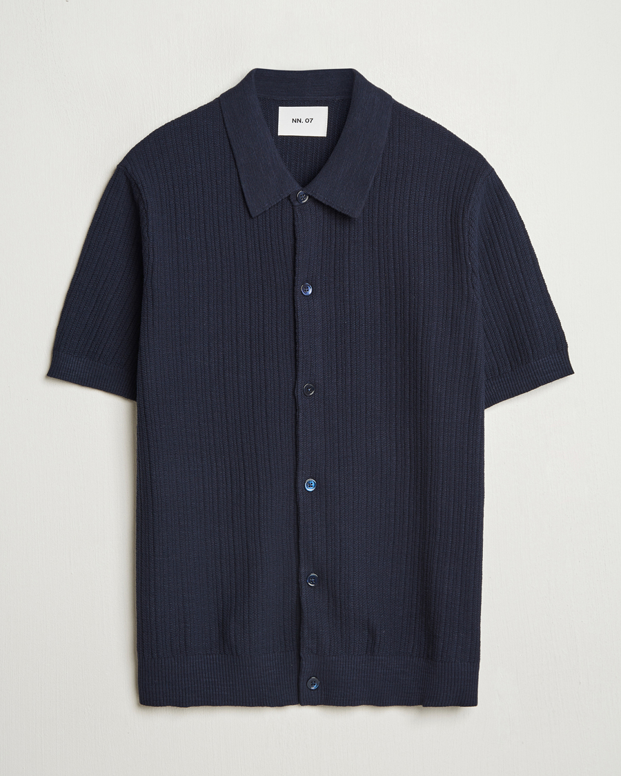 Hombres | Camisas | NN07 | Nolan Knitted Short Sleeve Shirt Navy Blue