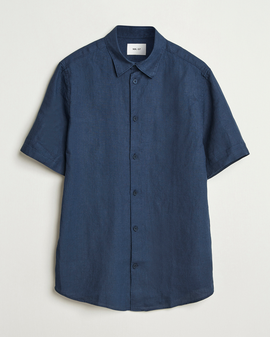 Hombres | Camisas | NN07 | Enzo Linen Short Sleeve Shirt Navy Blue