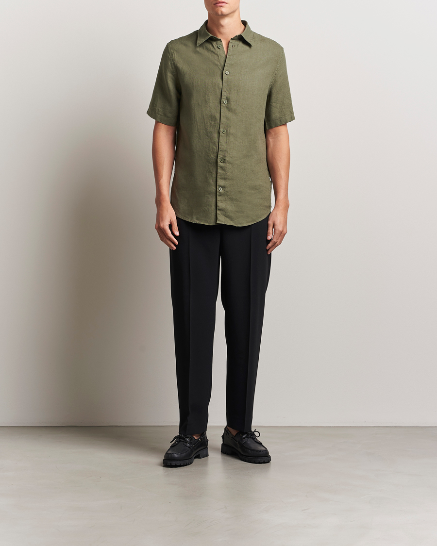 Hombres | Camisas | NN07 | Enzo Linen Short Sleeve Shirt Capers Green