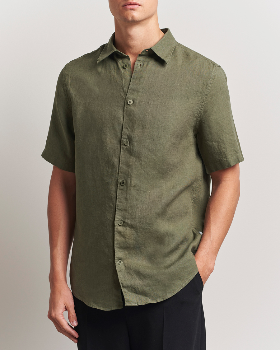 Hombres | Camisas | NN07 | Enzo Linen Short Sleeve Shirt Capers Green