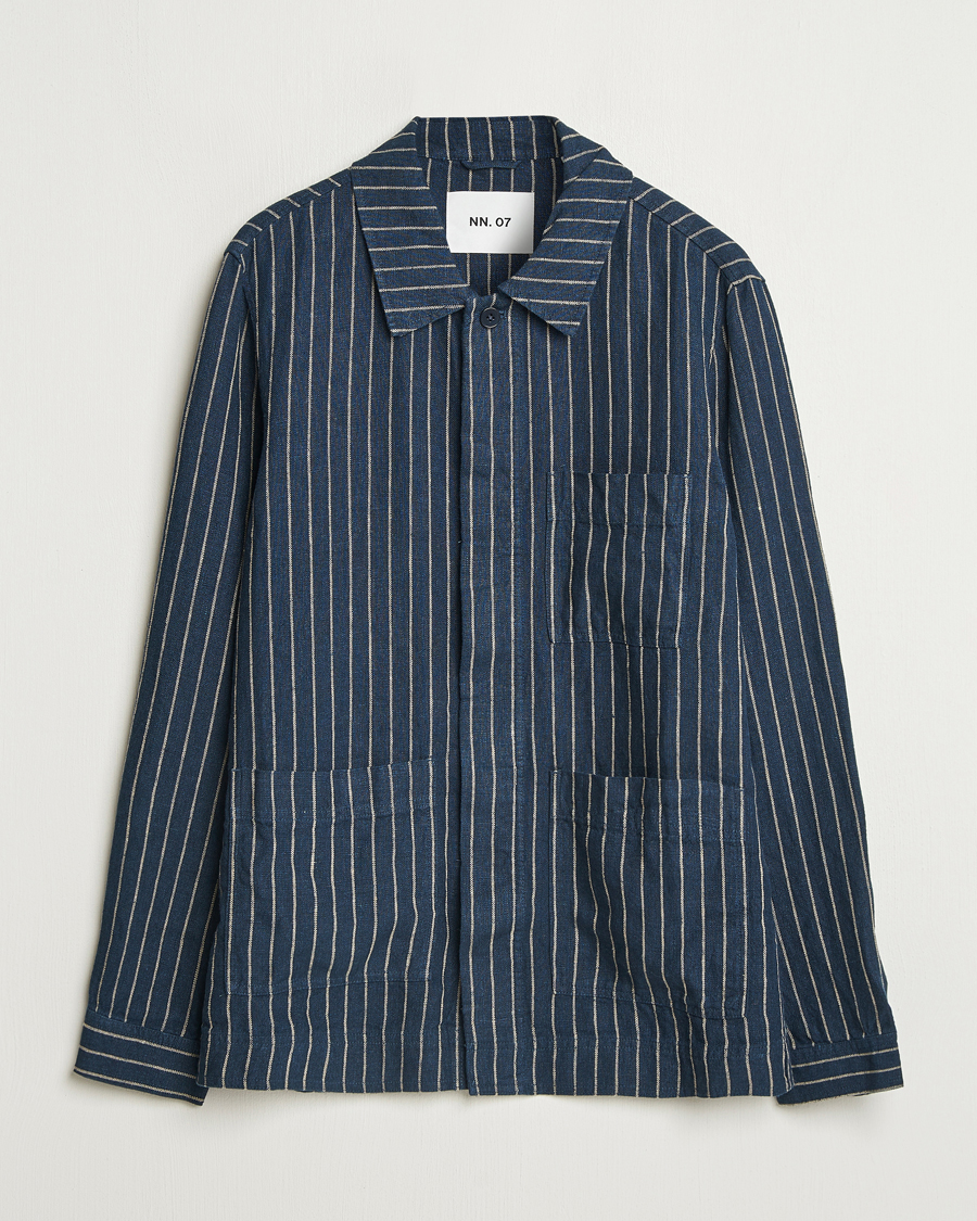 Hombres | Camisas | NN07 | Olav Linen Pinstriped Overshirt Navy Blue