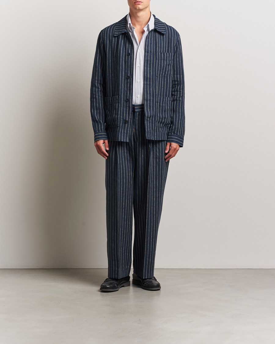 Hombres | Camisas | NN07 | Olav Linen Pinstriped Overshirt Navy Blue