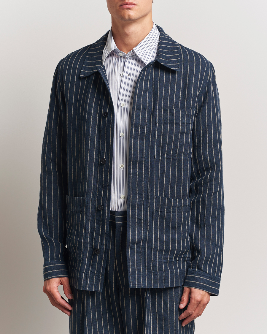 Hombres | Camisas | NN07 | Olav Linen Pinstriped Overshirt Navy Blue