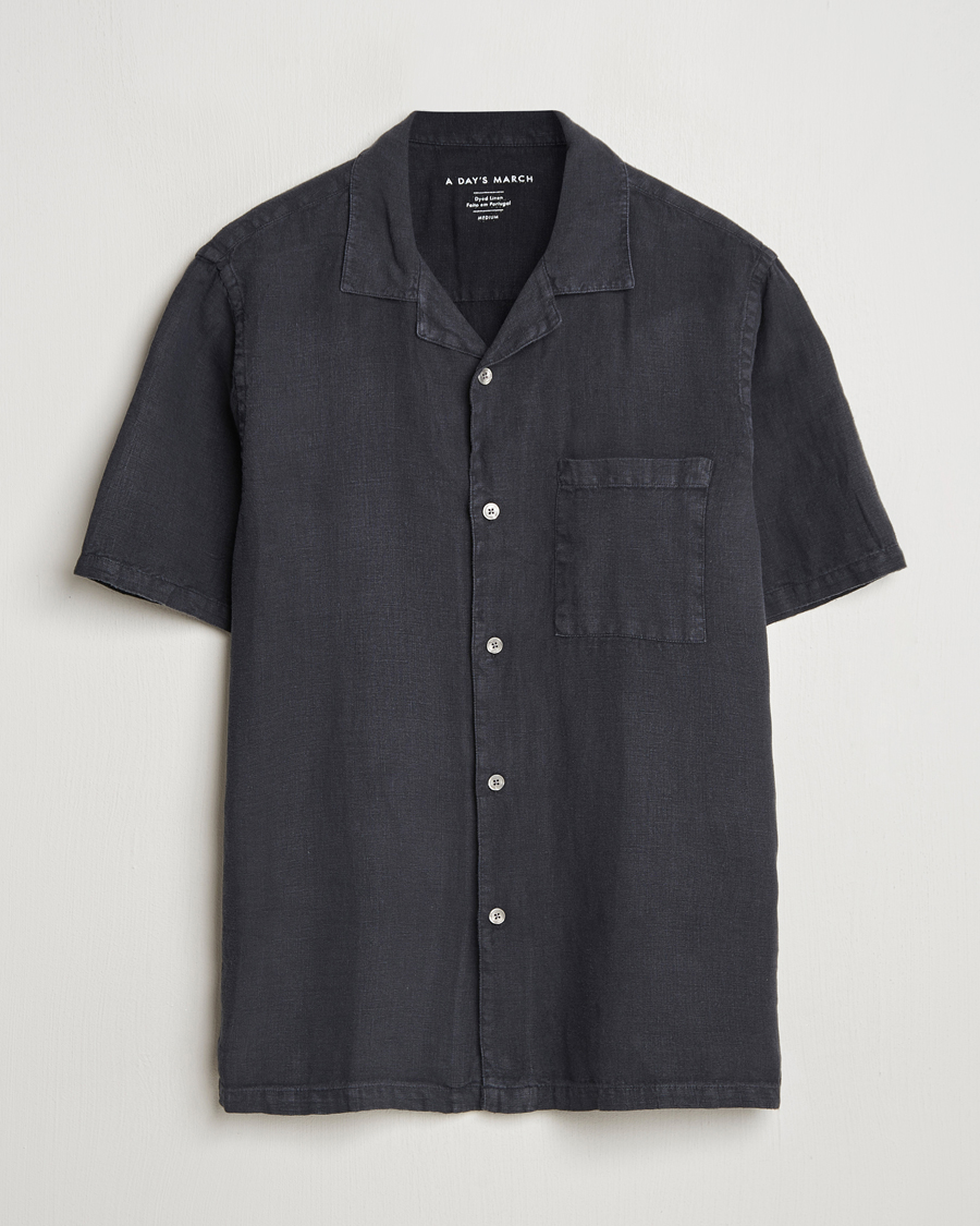Hombres | Camisas | A Day's March | Yamu Linen Short Sleeve Shirt Off Black