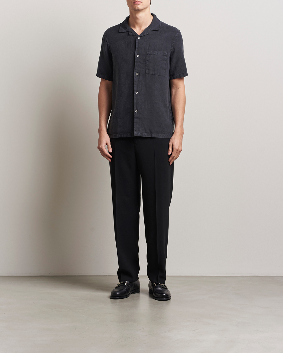 Hombres | Camisas | A Day's March | Yamu Linen Short Sleeve Shirt Off Black