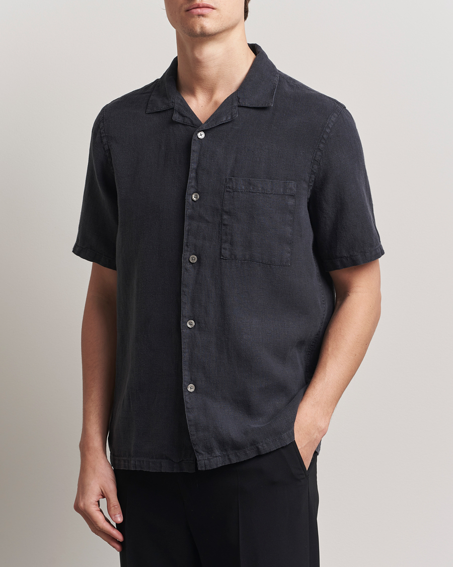 Hombres | Camisas | A Day's March | Yamu Linen Short Sleeve Shirt Off Black