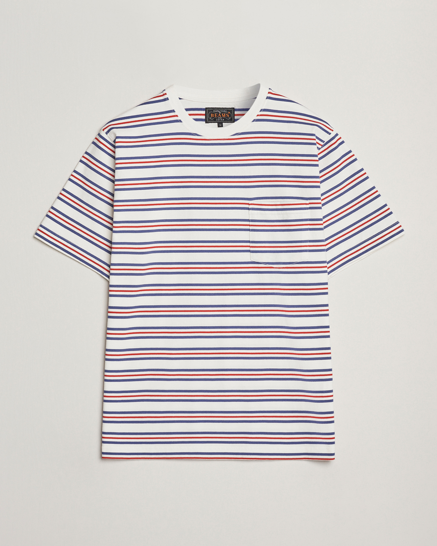 Hombres | Camisetas | BEAMS PLUS | Short Sleeve T-Shirt Blue/Red Stripe
