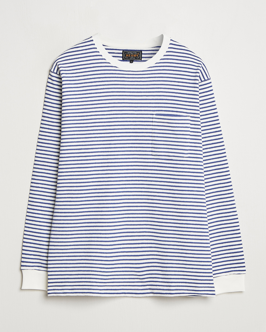 Hombres | Camisetas | BEAMS PLUS | Long Sleeve Striped Pocket T-Shirt White/Blue