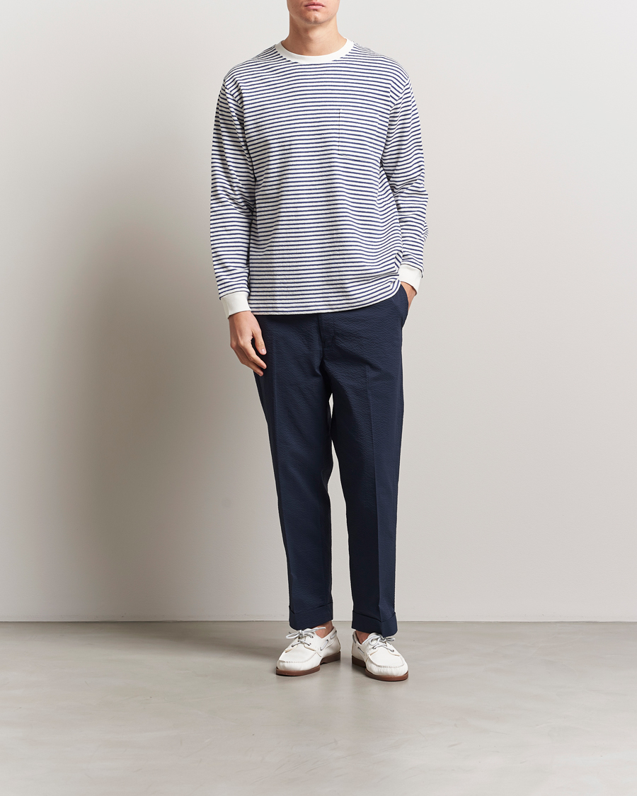Hombres | Camisetas | BEAMS PLUS | Long Sleeve Striped Pocket T-Shirt White/Blue