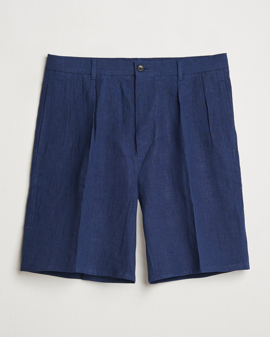 Hombres | Pantalones cortos | Kamakura Shirts | Pleated Linen Shorts Navy