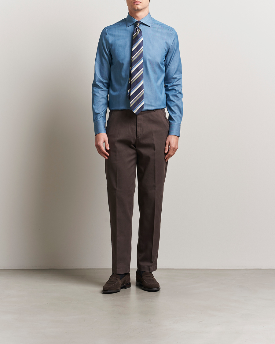 Hombres | Camisas | Stenströms | 1899 Slim Twofold Cotton Denim Shirt Mid Blue
