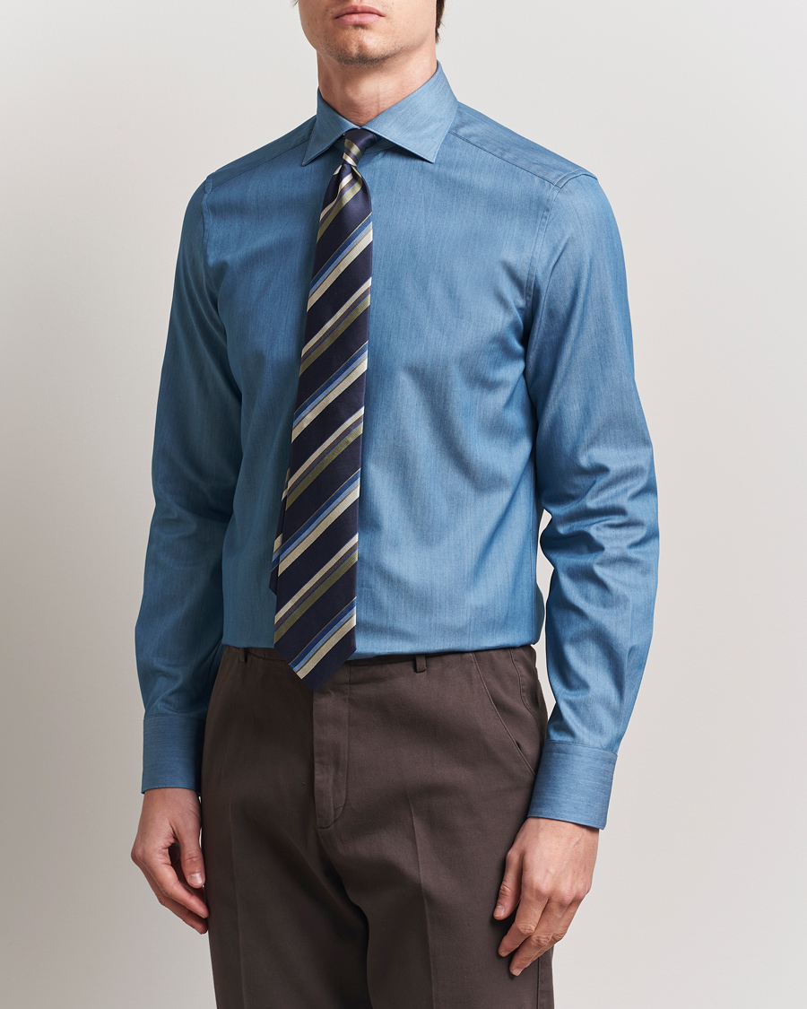 Hombres | Camisas | Stenströms | 1899 Slim Twofold Cotton Denim Shirt Mid Blue