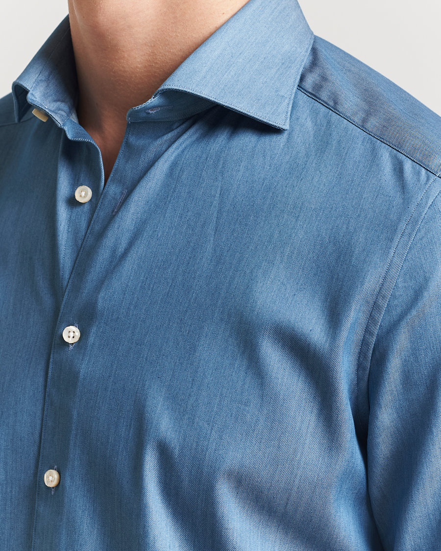 Hombres | Camisas | Stenströms | 1899 Slim Twofold Cotton Denim Shirt Mid Blue